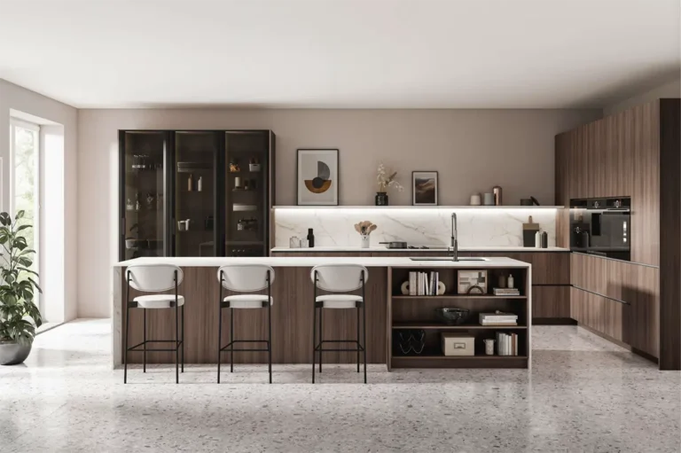 Diseño de cocina para venta e instalación rápida en gandia con acabados en madera oscura y marmol blanco
