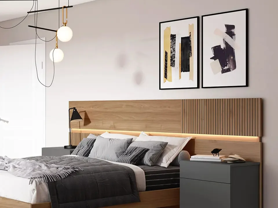 Habitacion de matrimonio estilo gris y madera contemporaneo y moderno montada por triamoble gandia